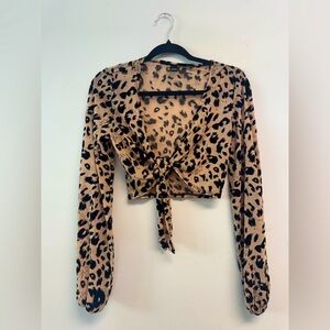 Windsor Tan and Black Tie Front Crop Blouse